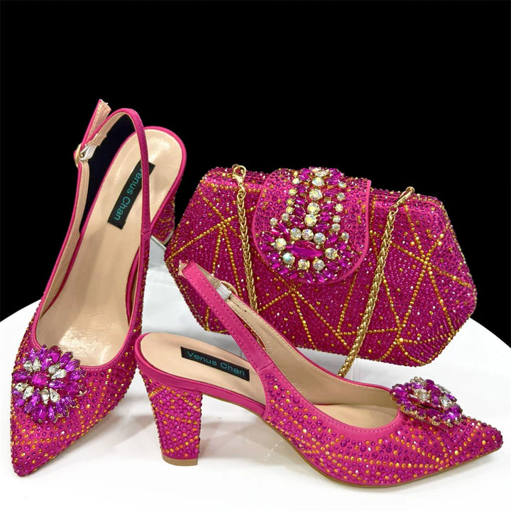 Ladies Italian Design Shoes And Bag Set Decorated with Rhinestone