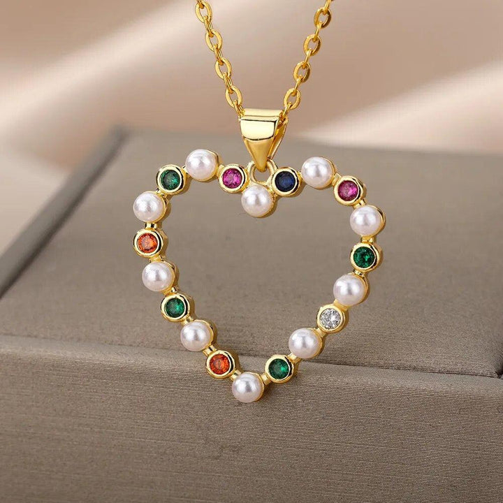 Hollow Out Peral Heart Necklace For Mother Kids Stainless Steel Chain Zircon Heart Pendant Necklace Elegant Mother&#39;s Day Jewelry-Arlik interiors