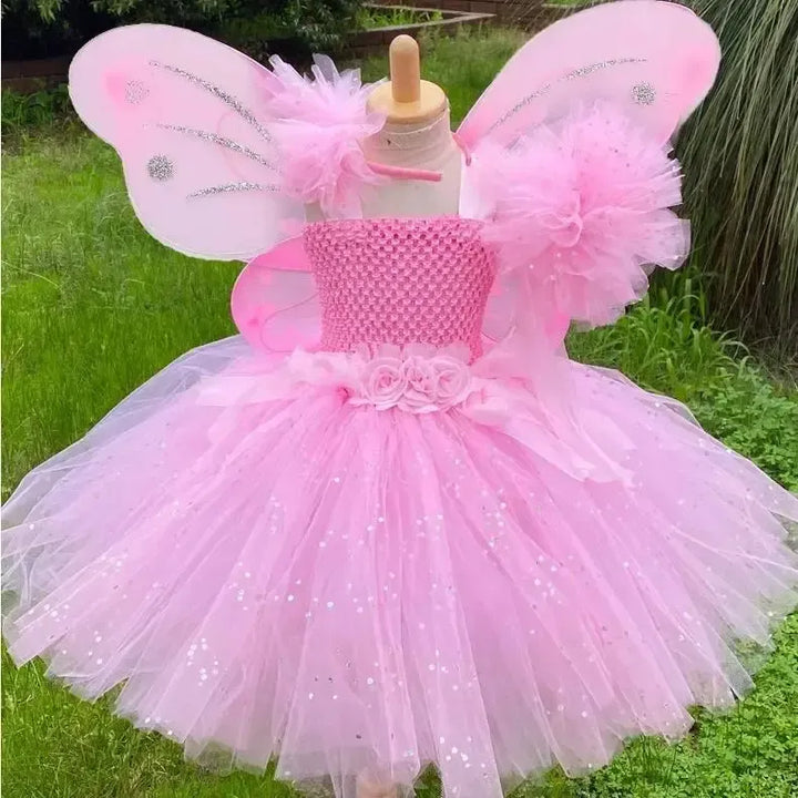 Girls Fairy Tutu Dress Set – Kids Fluffy Tulle Ball Gown with Wings, Wand &amp; Headband for Birthday, Halloween &amp; Party-Dresses-Bennys Beauty World