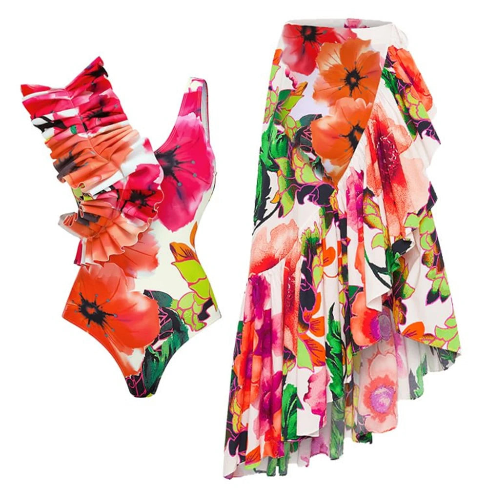 2023 New Arrival Push Up Women Bikini Set Floral Printed Ruffle Bikinis Strappy Bandage Swimwear Brazilian Biquini Bathing Suit-Bennys Beauty World
