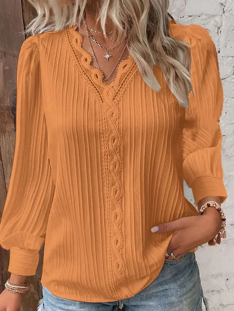 Women's Blouses Long Sleeved V-neck Lace Shirt 2023 Spring Autumn Solid Patchwork Blouse Elegant Office Lady Tops Casual Blusa-Bennys Beauty World