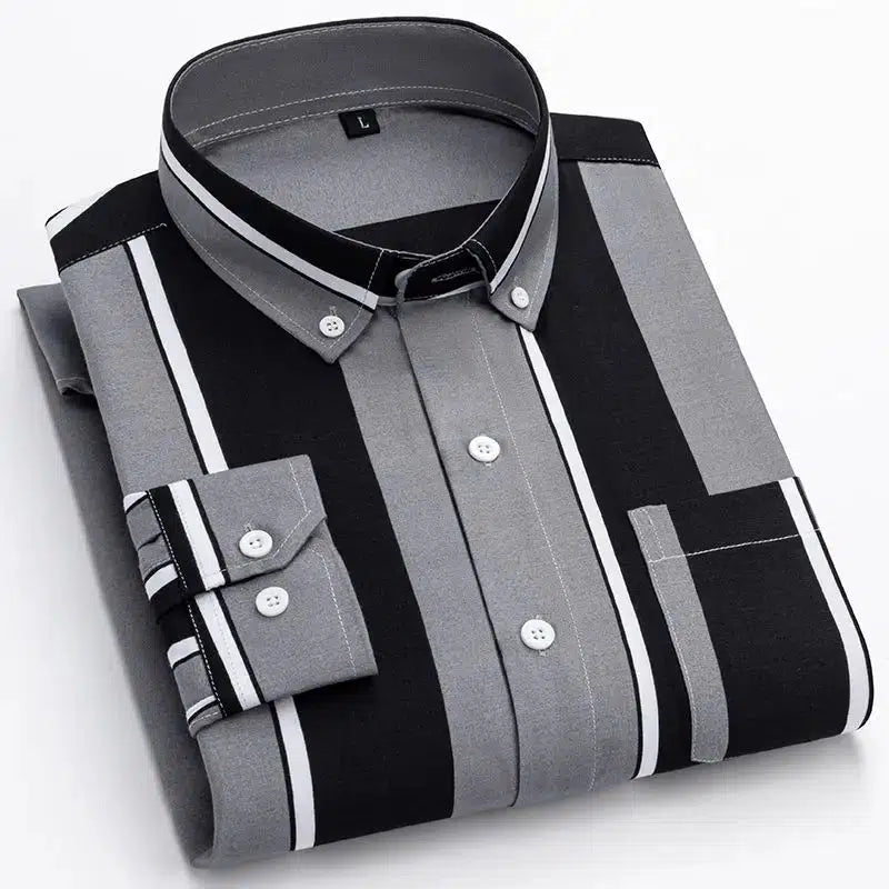 Mens Printed Striped Shirt Casual Fashion Long Sleeve Shirt-Shirts-Bennys Beauty World