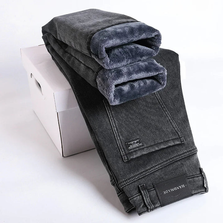 Warm Jeans Men's Slim Straight Elastic Denim Pants