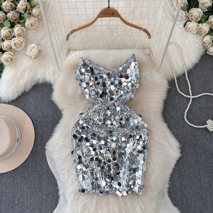 Sequin Spaghetti Strap Backless Mini Dress