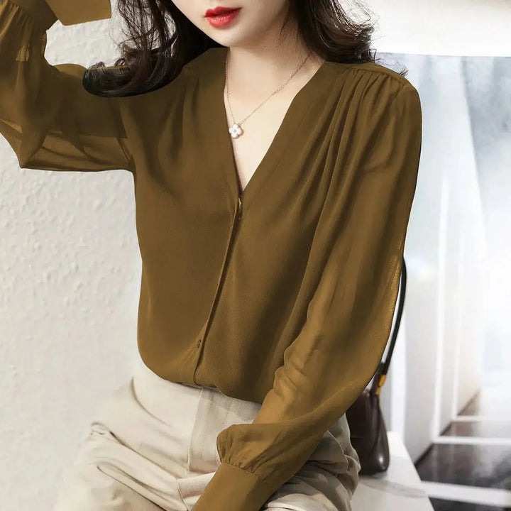 Chiffon V-Neck Blouse | Loose Fit Long Sleeve