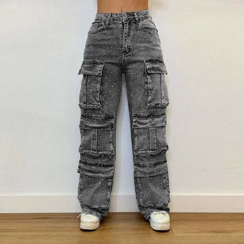 Rhinestones Jeans Women Multiple Pockets High Waist Pants