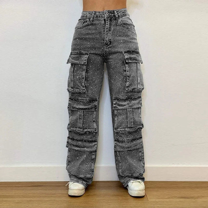 Rhinestones Jeans Women Multiple Pockets High Waist Pants