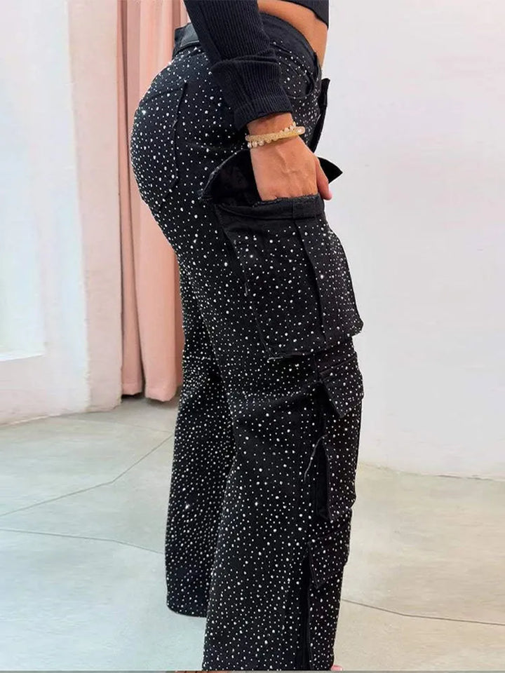 Rhinestones Jeans Women Multiple Pockets High Waist Pants