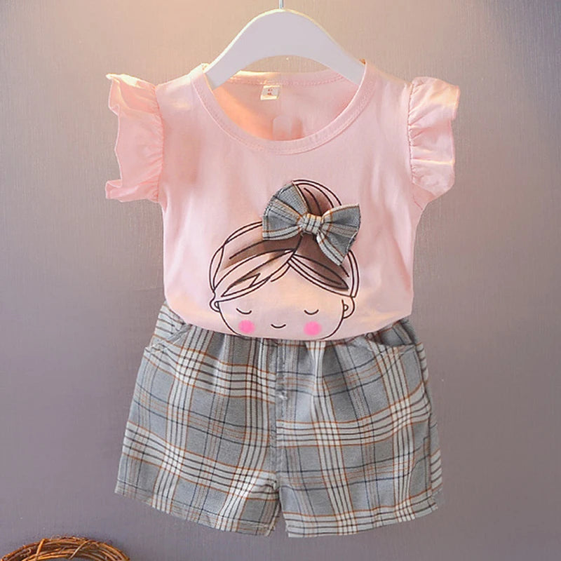 Girls Ruffle Sleeve Bow T-Shirt &amp; Plaid Shorts Set | 2-Piece Summer Outfit | Ages 2–7