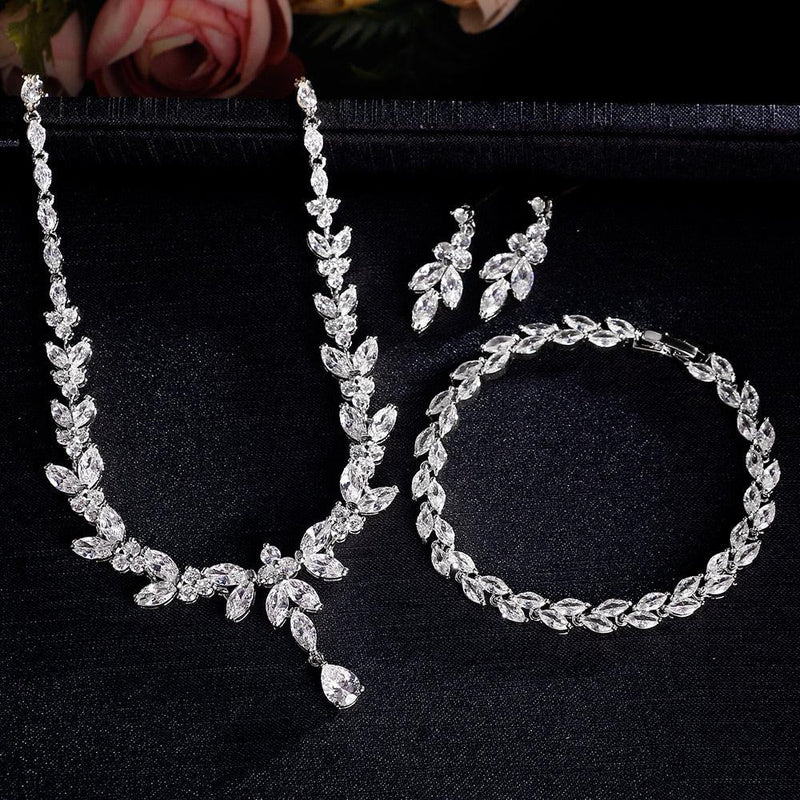 Zirconia Leaf Necklace Earrings Rings Bracelets Set for Women-necklace-Bennys Beauty World