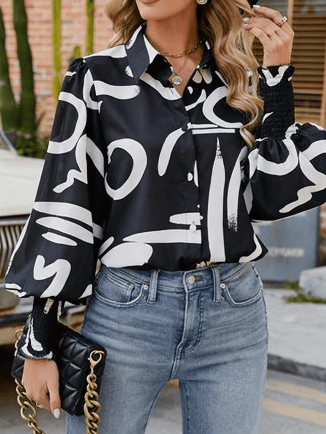 Women's Abstract Print Lantern Sleeve Blouse - Bennys Beauty World