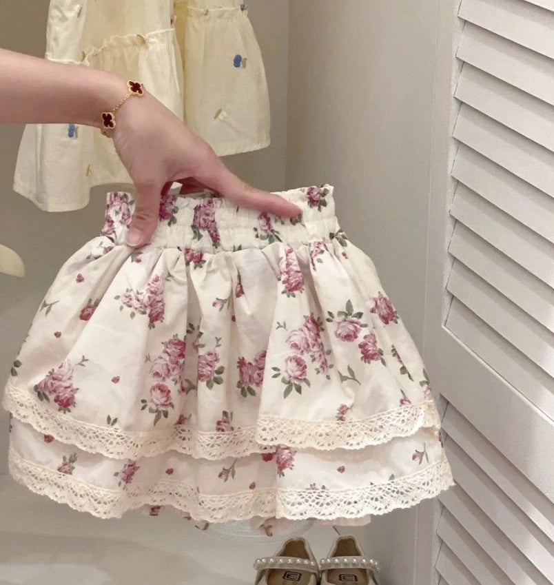 Girls Floral Double Layer Skirt | Sweet Lace Mini