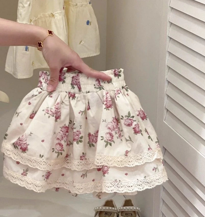 Girls Floral Double Layer Skirt | Sweet Lace Mini