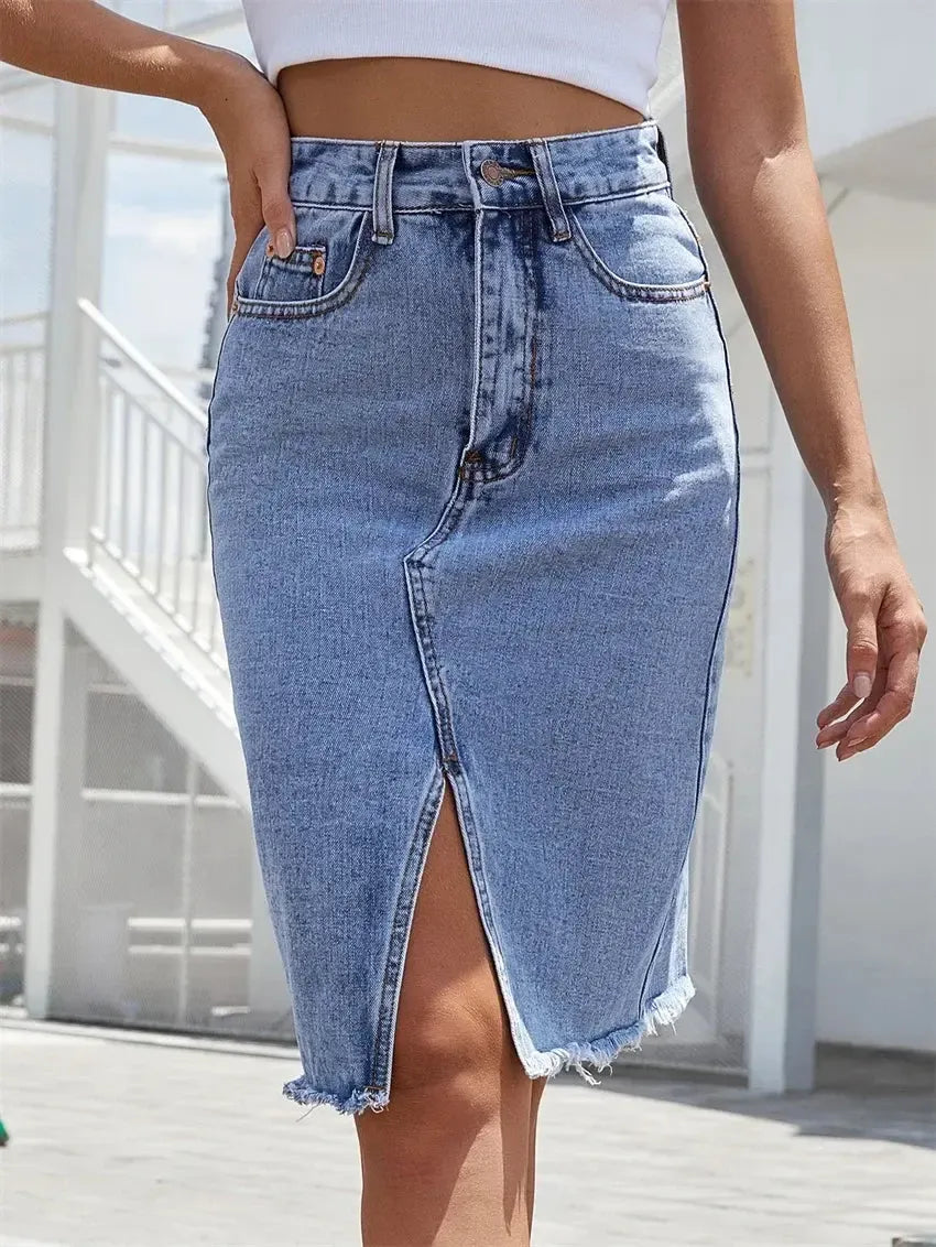 Blue Denim Midi Skirt for Women – High Waist A-Line Jean Skirt with Front Slit and Pockets-Skirt-Bennys Beauty World