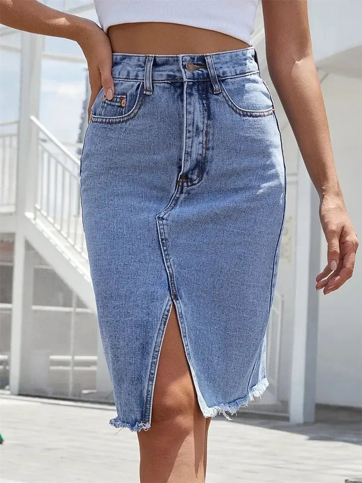 Blue Denim Midi Skirt for Women – High Waist A-Line Jean Skirt with Front Slit and Pockets-Skirt-Bennys Beauty World