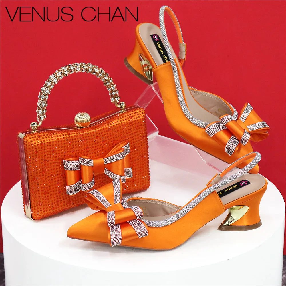 Women Hollowed Out Embroidery Rhinestone Shoes and Bag