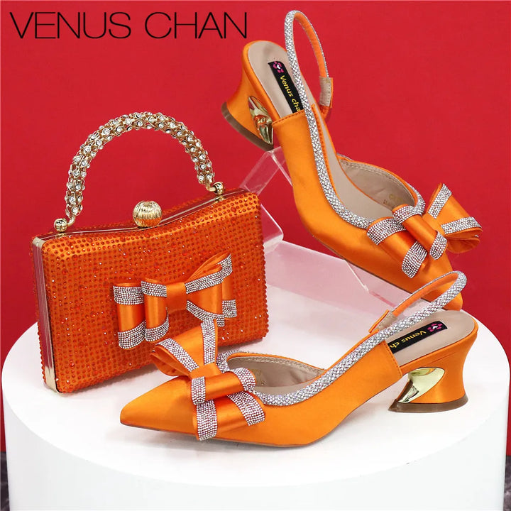 Women Hollowed Out Embroidery Rhinestone Shoes and Bag