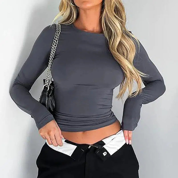 Long Sleeve T-Shirts Fot Women O-Neck Causal Solid Crop Tops-blouse-Bennys Beauty World