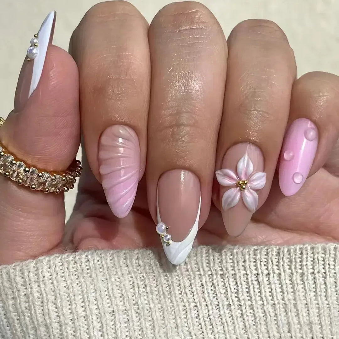 Gradient Pink Almond Press-On Nails – 24 Pcs Flower &amp; Pearl Design False Nails-Nails-Bennys Beauty World