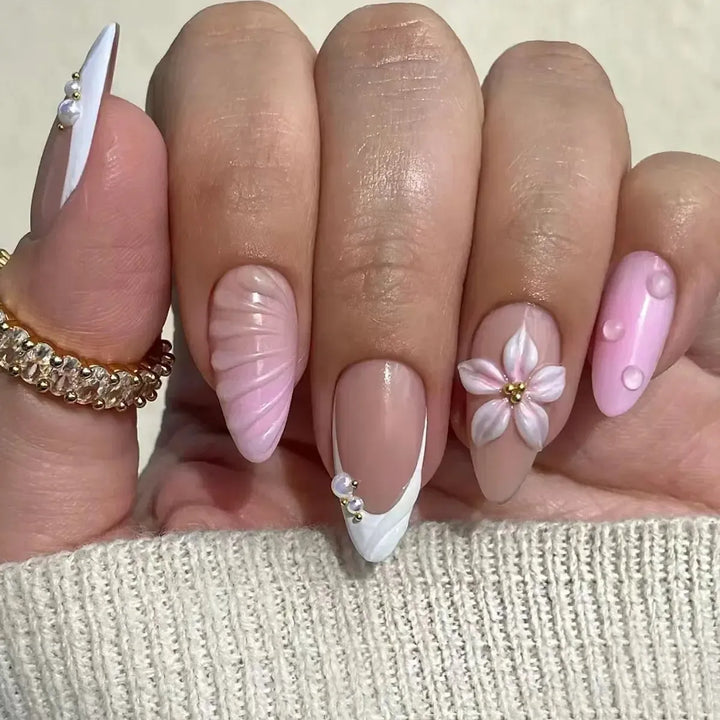 Gradient Pink Almond Press-On Nails – 24 Pcs Flower &amp; Pearl Design False Nails-Nails-Bennys Beauty World