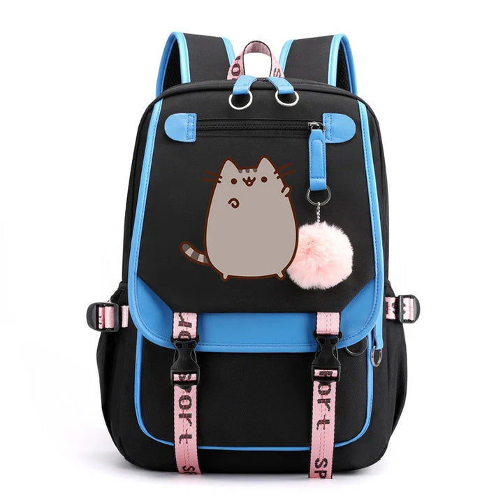 Kawaii Cartoon Cat Backpack – Pink Canvas School Bag for Girls & Teens