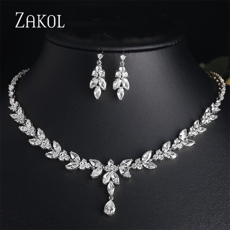 Zirconia Leaf Necklace Earrings Rings Bracelets Set for Women-necklace-Bennys Beauty World