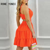 Women Elegant Sleeveless Criss Cross Midriff Mini A- Line Cascading Ruffles Dress-Bennys Beauty World