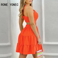 Women Elegant Sleeveless Criss Cross Midriff Mini A- Line Cascading Ruffles Dress-Bennys Beauty World