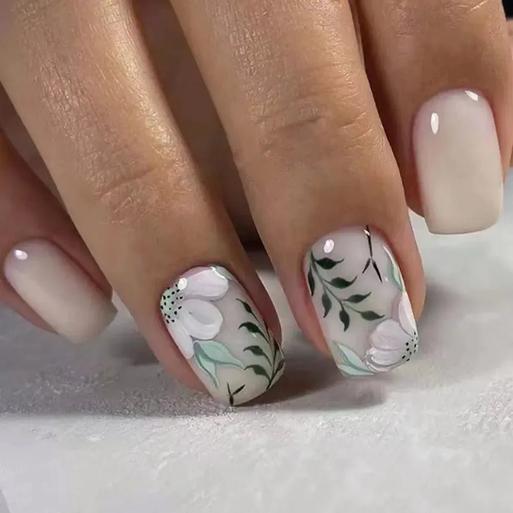 Short Square French Flower Press - On Nails 24 Pcs - Bennys Beauty World