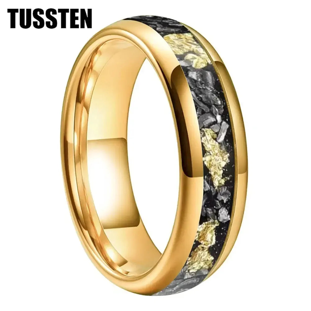 TUSSTEN Tungsten Carbide Wedding Band Ring – 4/6/8MM Dome Edge with Meteorite &amp; Gold Foil Inlay-Bennys Beauty World