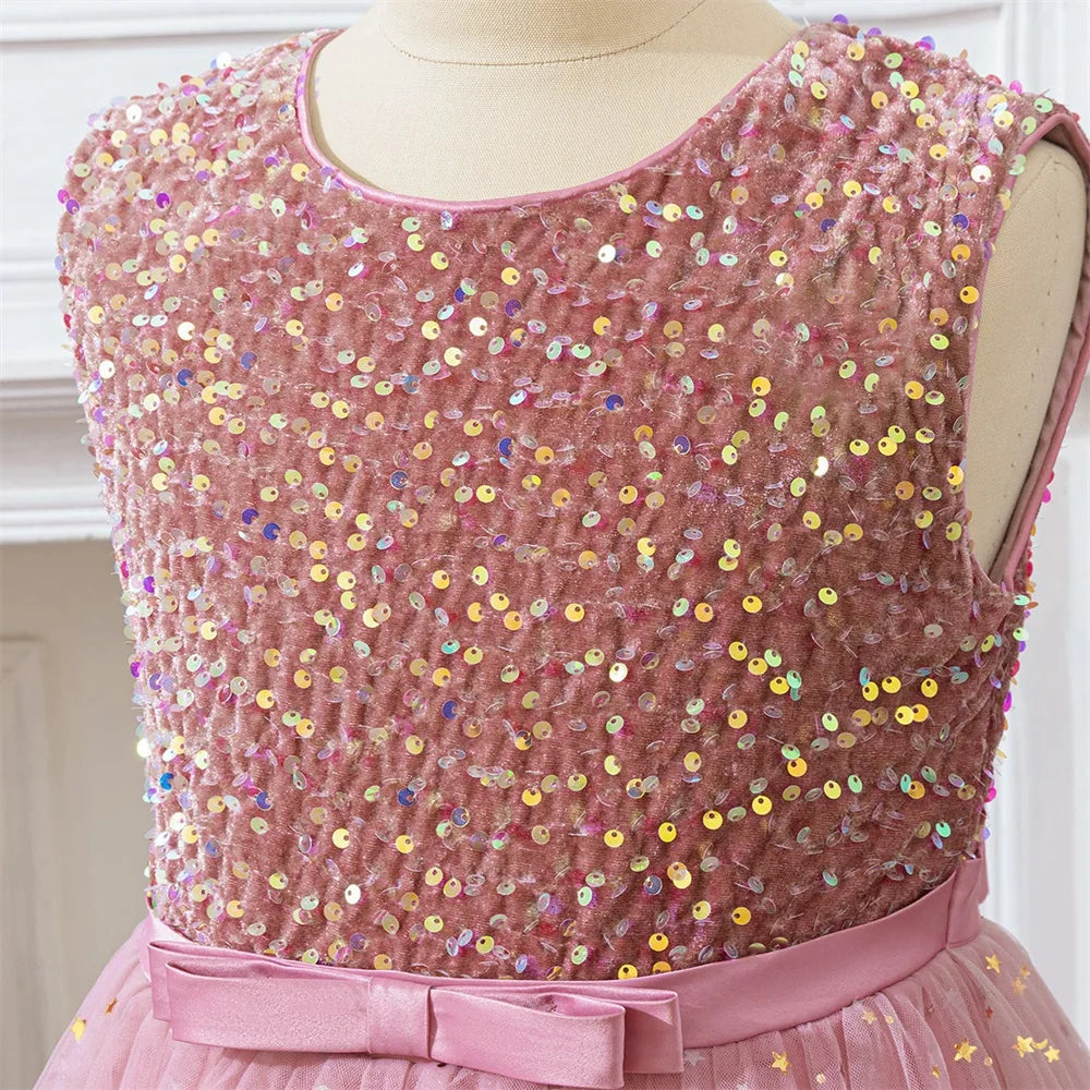Girls Sequin Mesh Ball Gown – Bow Detail Party Dress, Ages 8–12