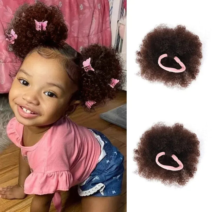 2Pcs/pack Afro Puff Hair Bun for Kids Synthetic Kinky Curly Hair Ponytail Extensions with Hair Tie Cute Hair Bun Wig for Kids-Bennys Beauty World