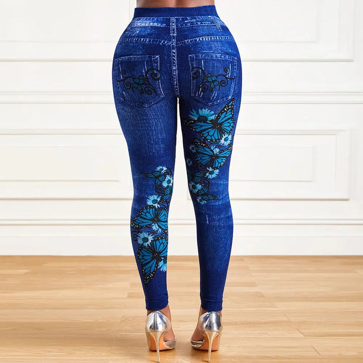 Womens High Waist Stretchy Legging Denim Look Skinny Leggings