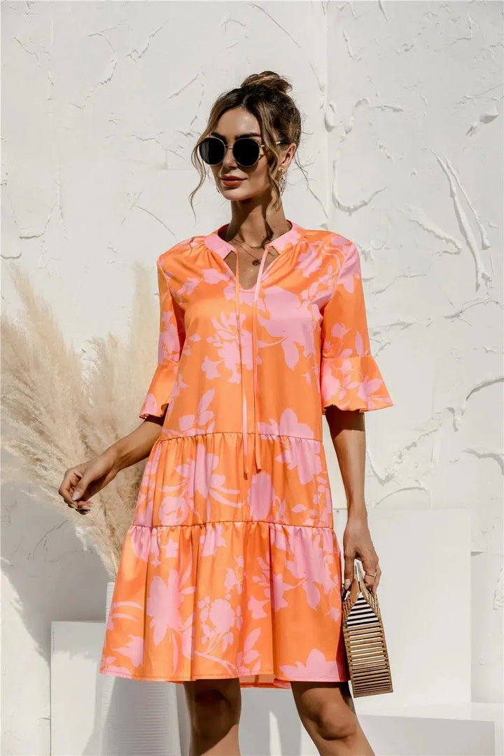 Summer Floral Women Dress Short Sleeve V-neck Flared Dress