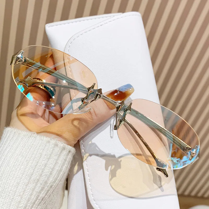 Rimless Oval Y2K Sunglasses | Gradient Photochromic UV400 Eyewear