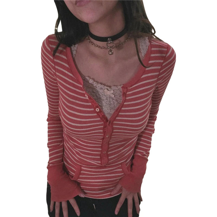 Vintage T Shirt Black Grey Striped V Neck Long Sleeve Jumper Tops