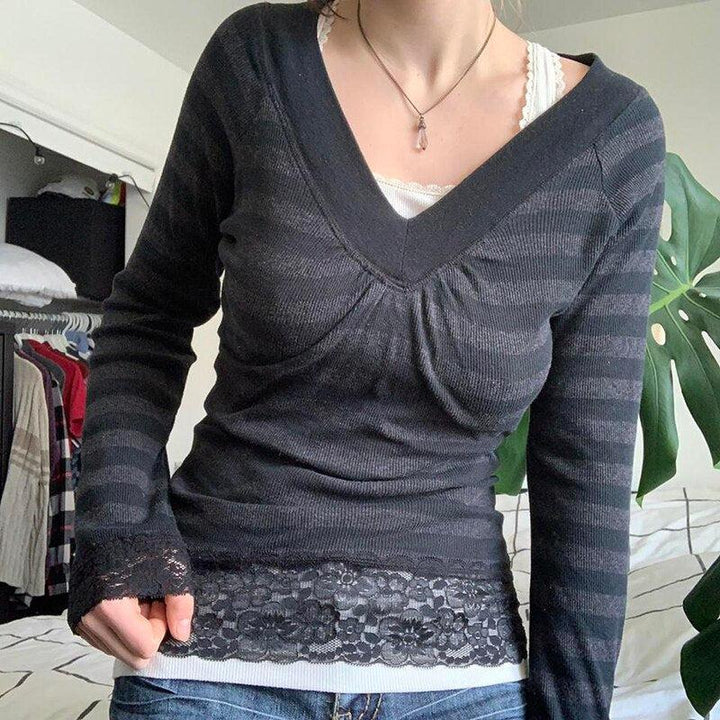 Vintage Knitted Sweater Cutest V Neck Long Sleeve Stripe Jumper-blouse-Bennys Beauty World