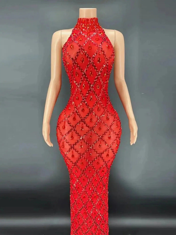 2024 Fashion Celebrity Evening Cocktail Party Maxi Dress Women's High Collar Sleeveless Bodyco Shiny Beaded Design Long Dresses-Bennys Beauty World