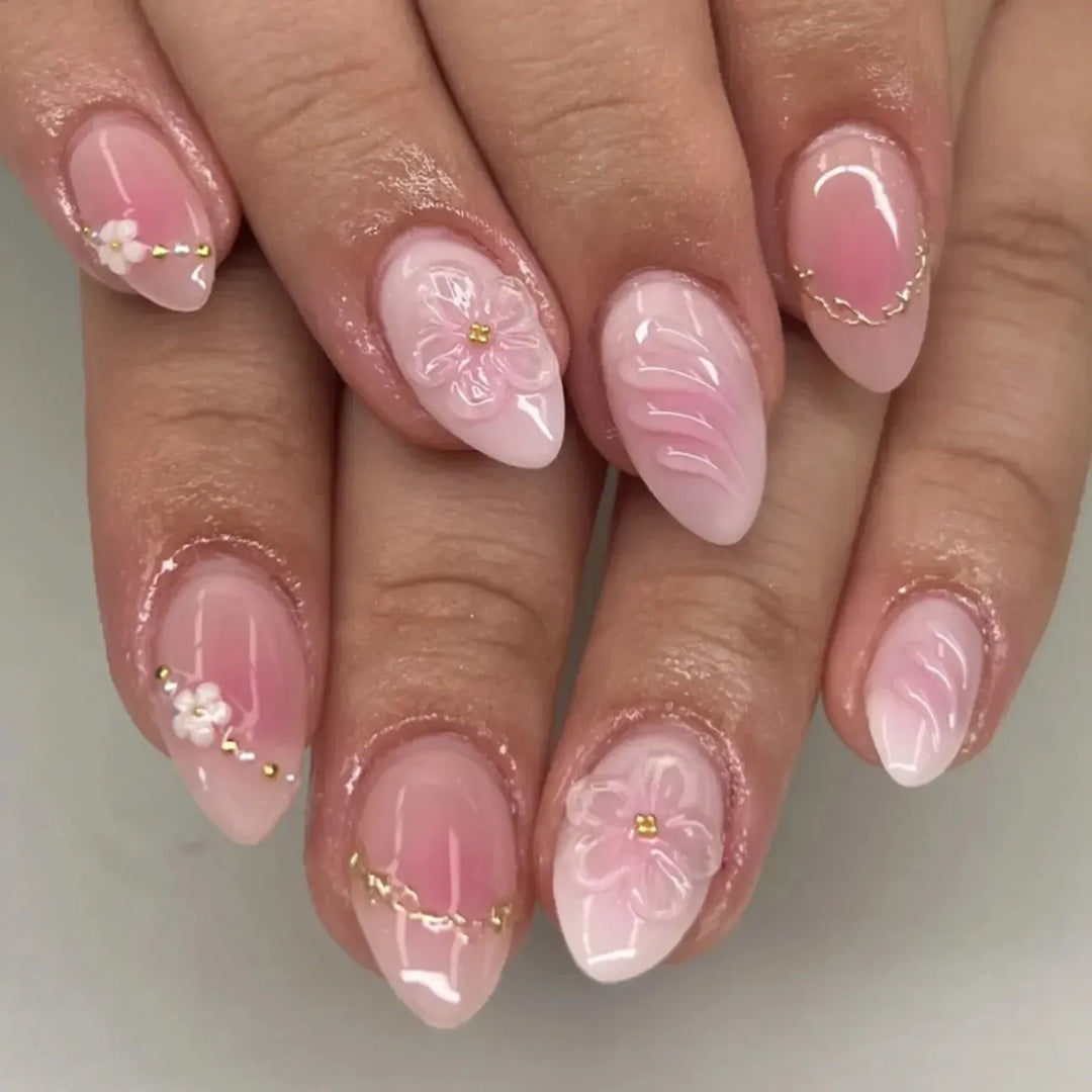 Gradient Pink Almond Press-On Nails – 24 Pcs Flower &amp; Pearl Design False Nails-Nails-Bennys Beauty World