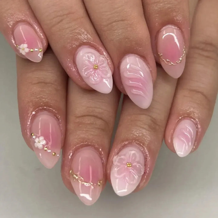 Gradient Pink Almond Press-On Nails – 24 Pcs Flower &amp; Pearl Design False Nails-Nails-Bennys Beauty World
