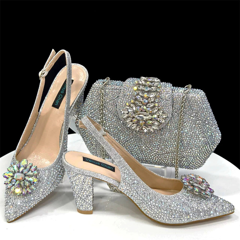 Ladies Italian Design Shoes And Bag Set Decorated with Rhinestone