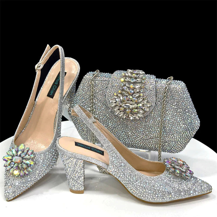 Ladies Italian Design Shoes And Bag Set Decorated with Rhinestone