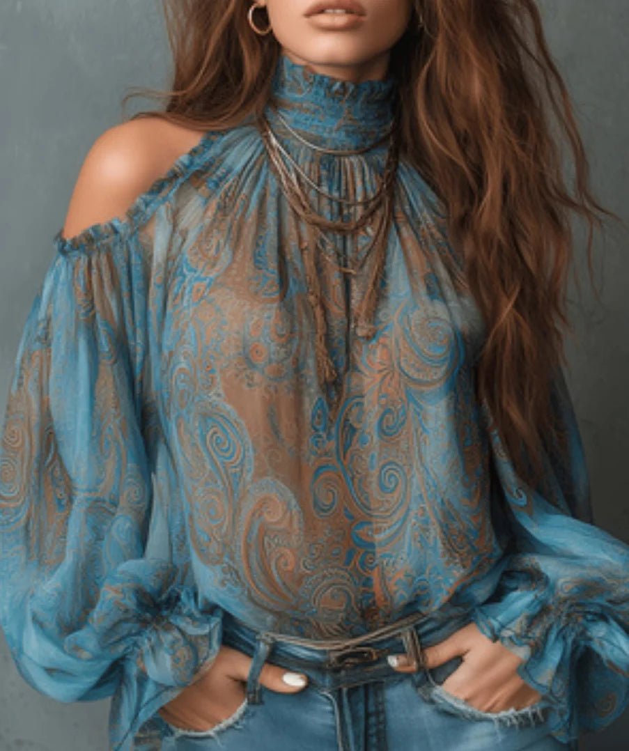 Women's Boho Paisley Off - Shoulder Chiffon Blouse | Flared Sleeve - Bennys Beauty World