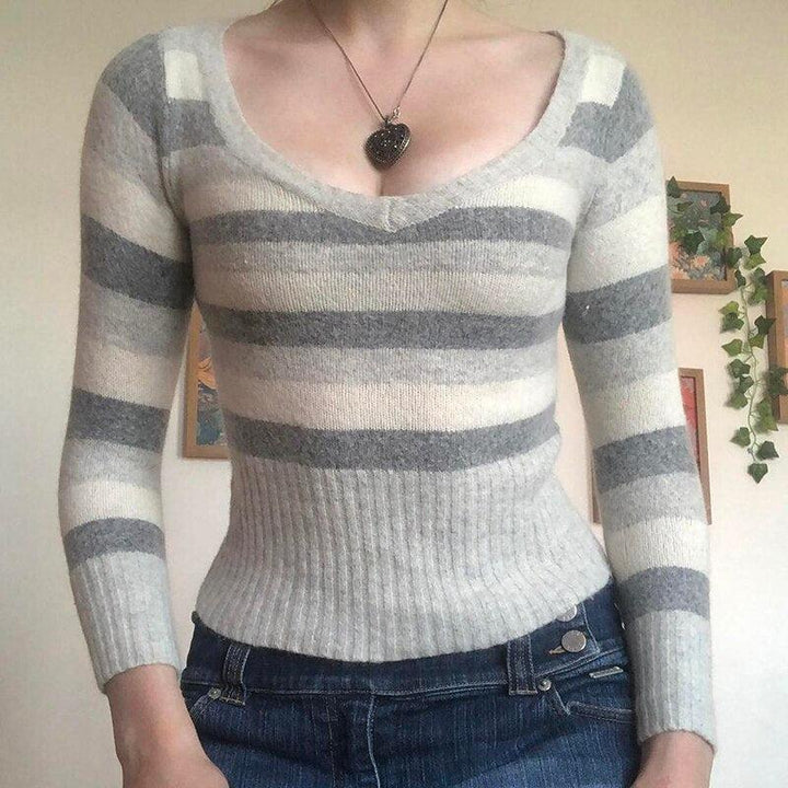 Vintage Knitted Sweater Cutest V Neck Long Sleeve Stripe Jumper-blouse-Bennys Beauty World