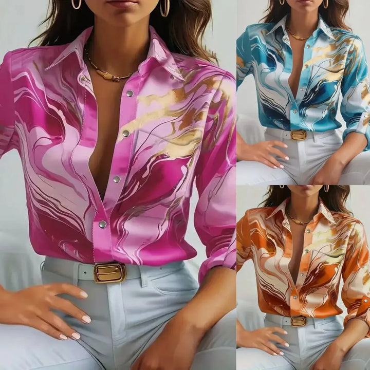 Women’s Printed Button-Up Shirt – Long Sleeve Loose Fit Korean Blouse-Shirt-Bennys Beauty World