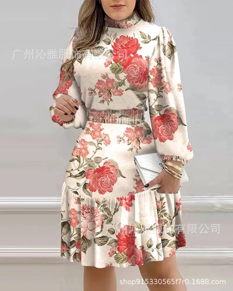 Floral Print Lantern Sleeve Pleated Ruffled Skirt Dress-Dress-Bennys Beauty World