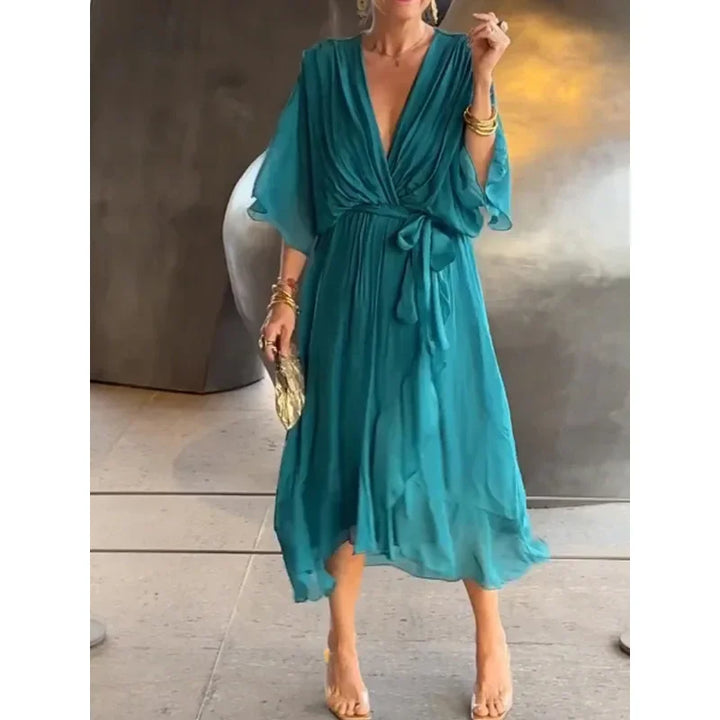Women's Summer Dresses Solid Color Bat Sleeves Long Dress-Dresses-Bennys Beauty World