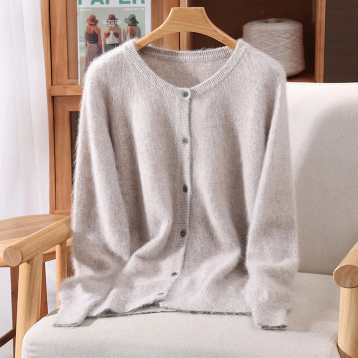 New Women 100% Mink Cashmere Sweater O-Neck Buttons Cardigan Autumn Winter Soft Warm Cable Kint Sweater Casual Long  Sleeve Tops
