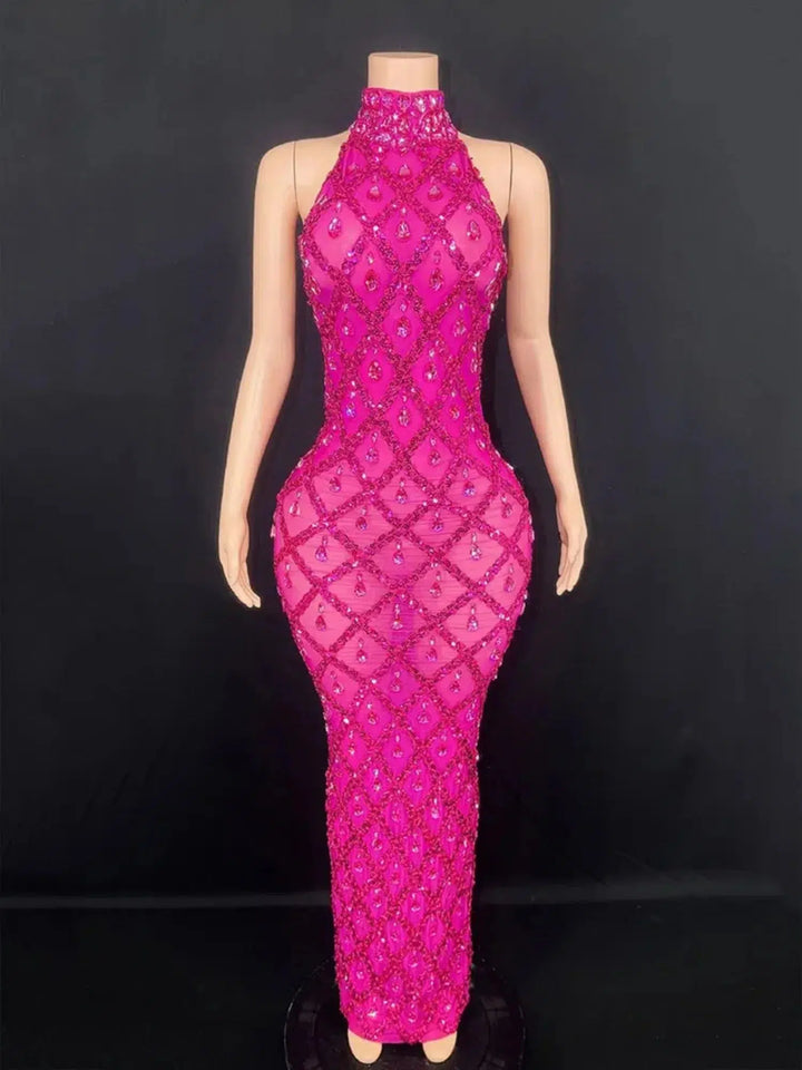 2024 Fashion Celebrity Evening Cocktail Party Maxi Dress Women's High Collar Sleeveless Bodyco Shiny Beaded Design Long Dresses-Bennys Beauty World