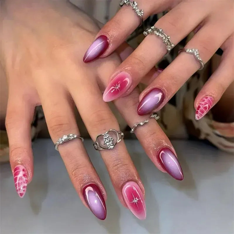 French Almond Press-On Nails – 24 Pcs Blue Star Pattern False Nails-Nails-Bennys Beauty World